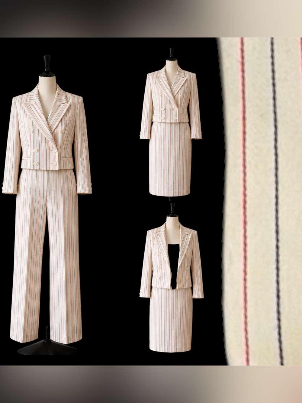 VTG Saint Laurent Rive Gauche Pinstripe Wool 3-Piece Suit Set Jacket Skirt Pants